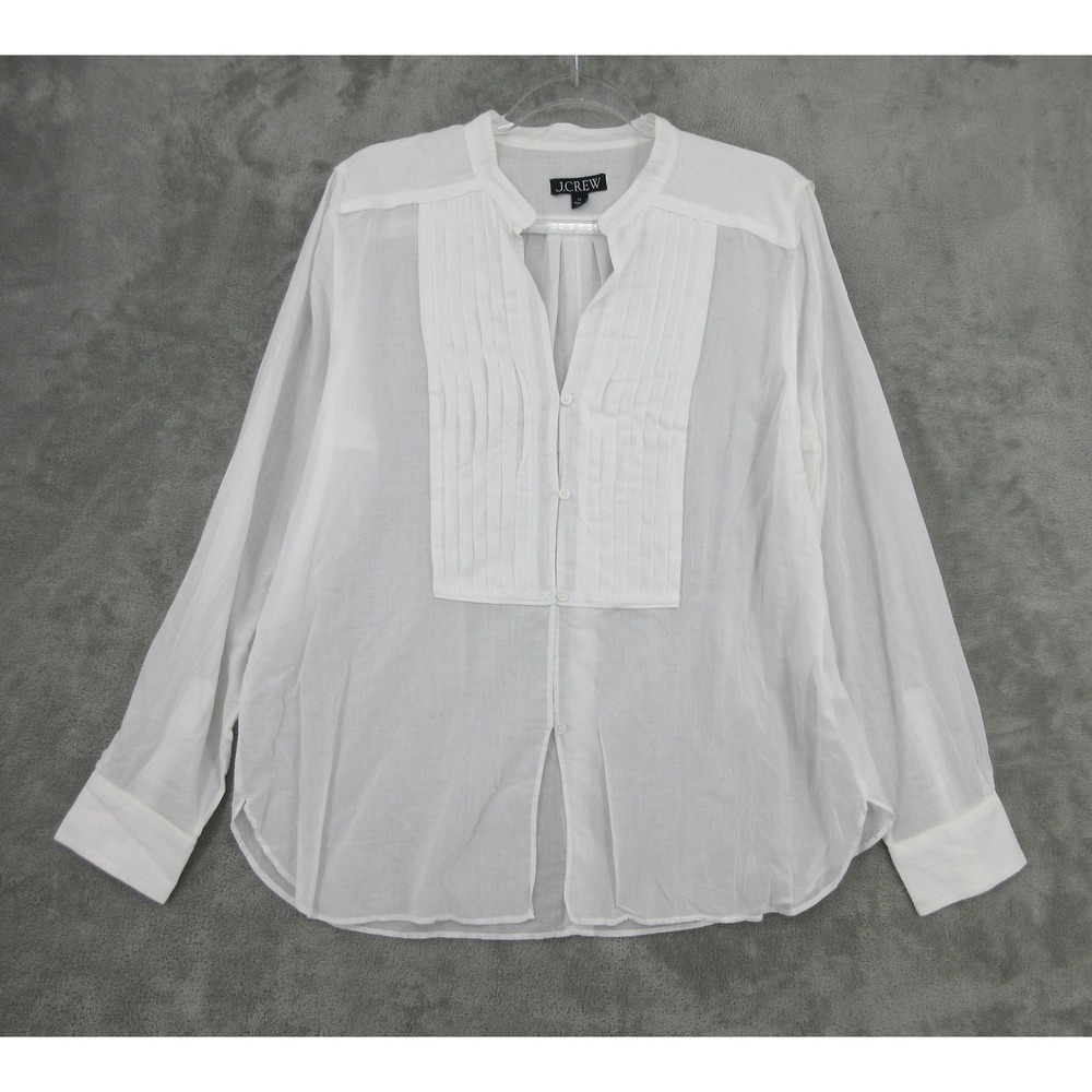 J CREW Top Womens Size 14 Pintuck Cotton Voile Semi Sheer Button Office White